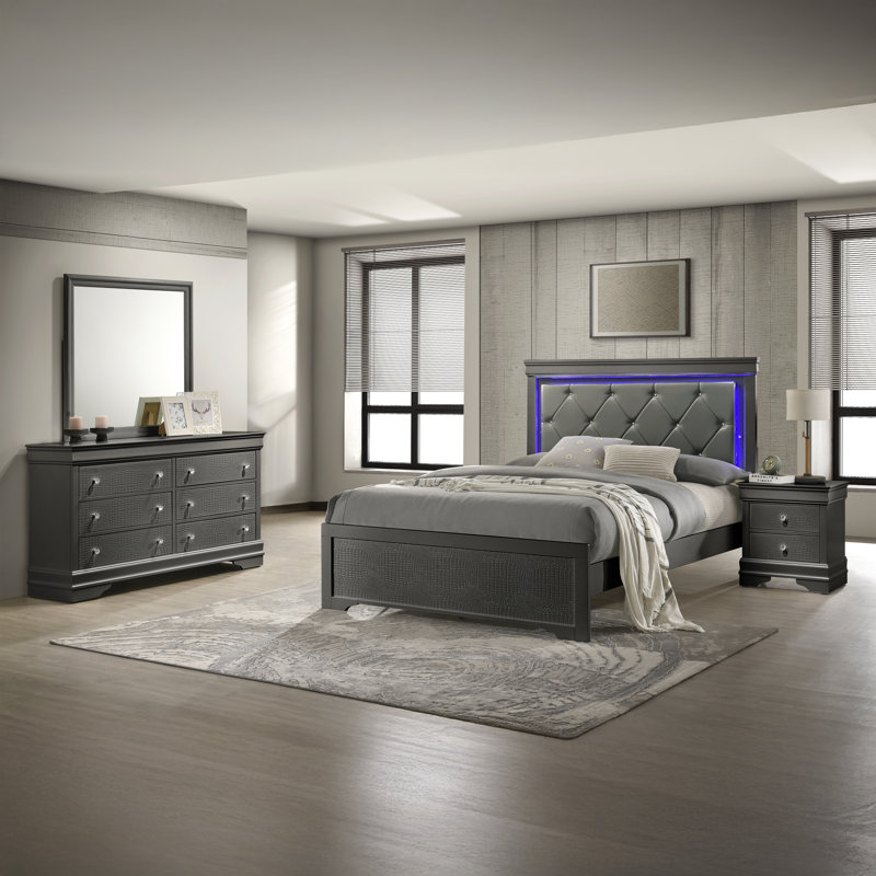 Mylhana Upholstered Standard Bedroom Set, Gray, Queen, 4 Pcs: Bed, Dresser, Nightstand, Mirror