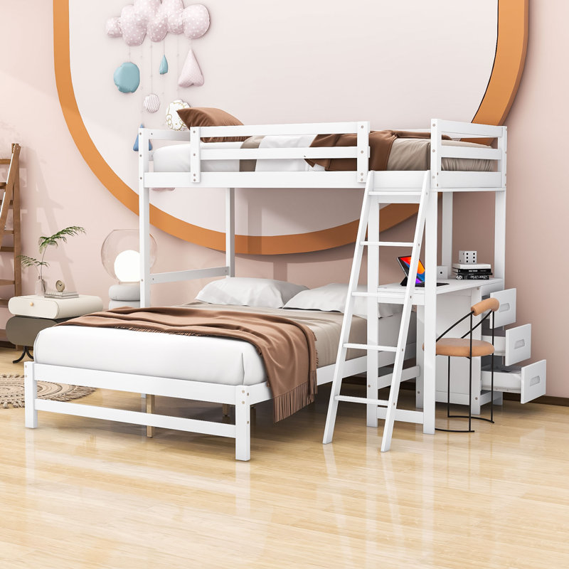Lit simple superposé au dessus d'un lit double avec tiroirs pour enfants