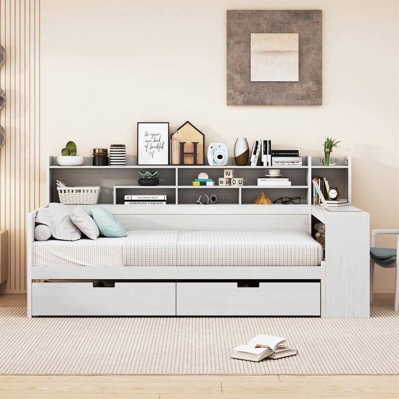 Lit plateforme avec rangement multifonctionnel, Simple, Blanc antique