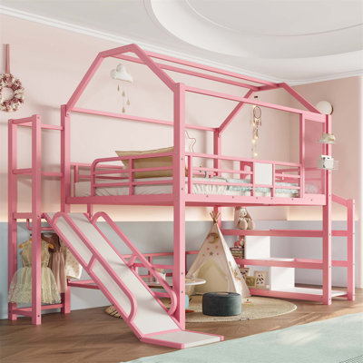 House Loft Bed With Slide, Stairs, And Storage Shelves, Metal Frame With House-Shaped Roof For Kids