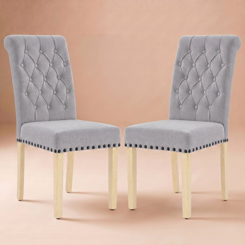 Amby Linen Tufted Upholstered Parsons Dining Chairs with Wood Legs, Light Gray