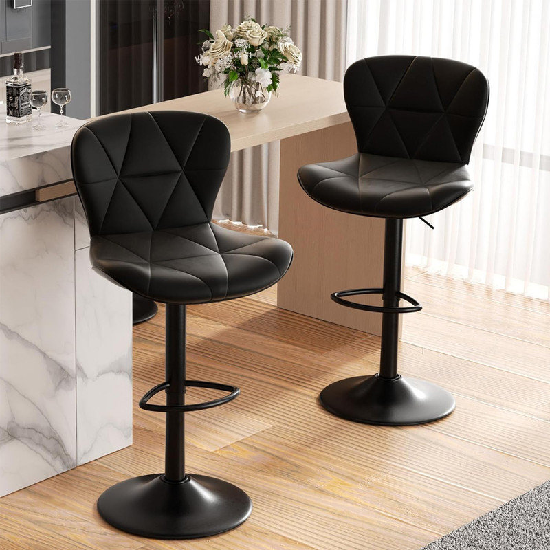 Black Adjustable Swivel Faux Leather Bar Stools Set of 2