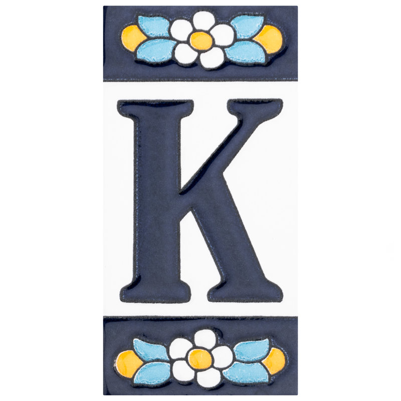 Sevillano 2.13" x 4.38" Ceramic Floral Address Letter Wall Tile in White/Blue