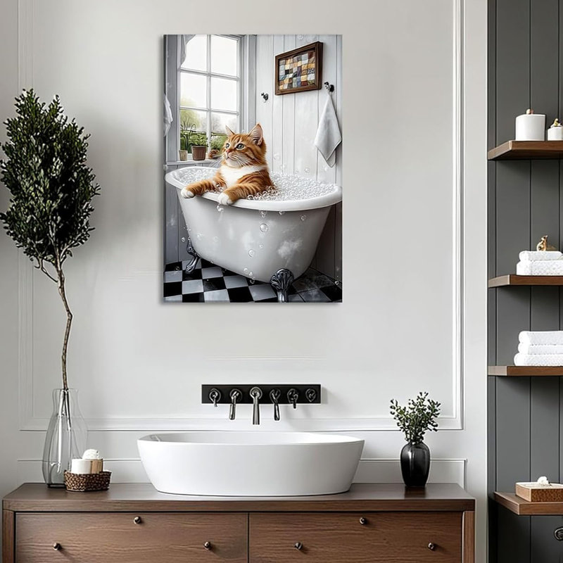 Cat Bathroom Canvas Wall Art Funny Pet Bathing Posters Prints Orange Cat in the Bathtub Picture Modern Artwork for Home Wall Decor Framed, 16.00x24.00 inch