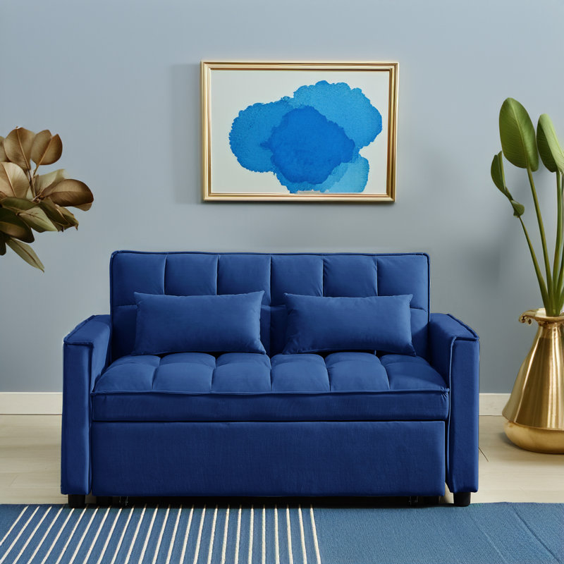 Canapé-lit moderne de 55 po 3-en-1 avec deux coussins lombaires pour le salon et le bureau, Velours bleu