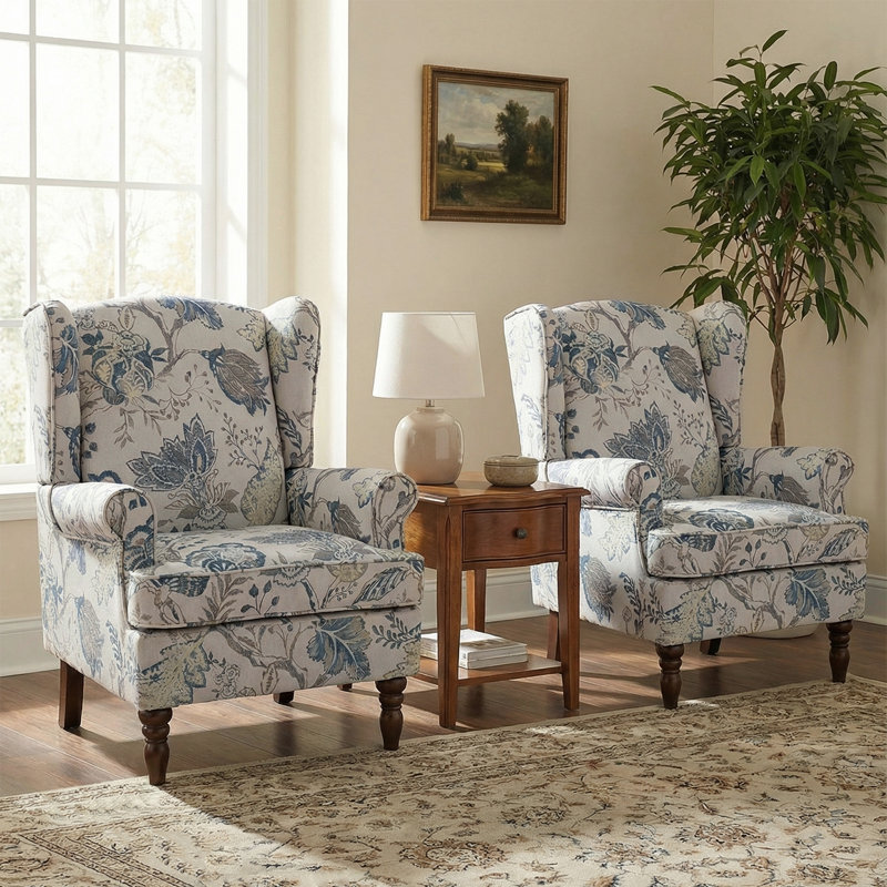 Fauteuil à oreilles 29 po Anayat, Mélange de polyester multicolore floral bleu
