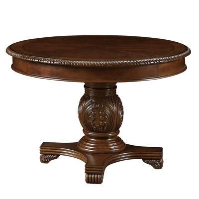 Table de salle à manger ronde extensible de style européen Château de Ville (122-168 cm) – Bordure sculptée à motif de corde, piètement sculpté à une seule colonne avec 2 rallonges, table de salle à manger classique en MDF
