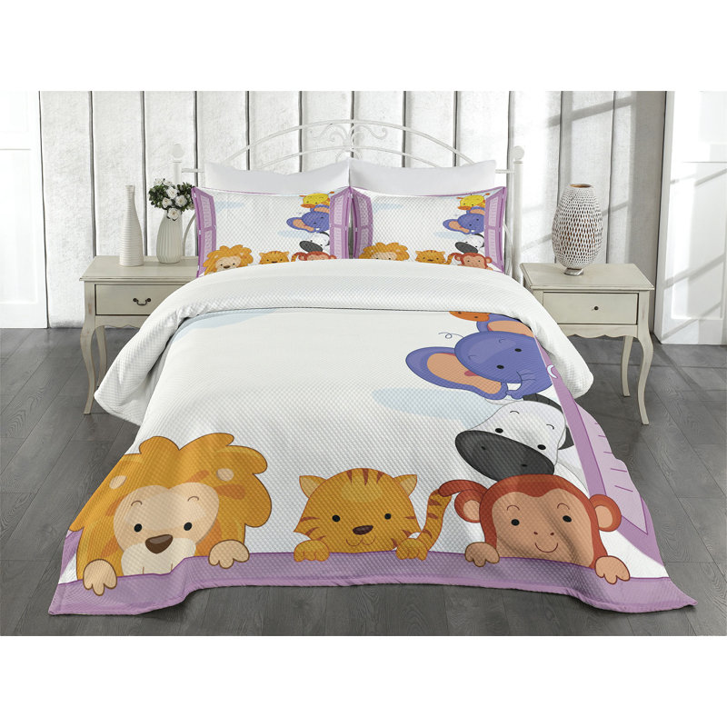 Ambesonne Zoo Bedspread Set Animals Peeping Window Multicolor, King Bedspread + 2 Standard Shams