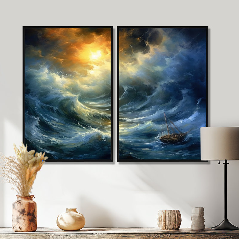 Stormy Seas I - art mural bleu sarcelle 2 panneaux, Noir, H 36 po x l 48 po, Impression encadrée flottante