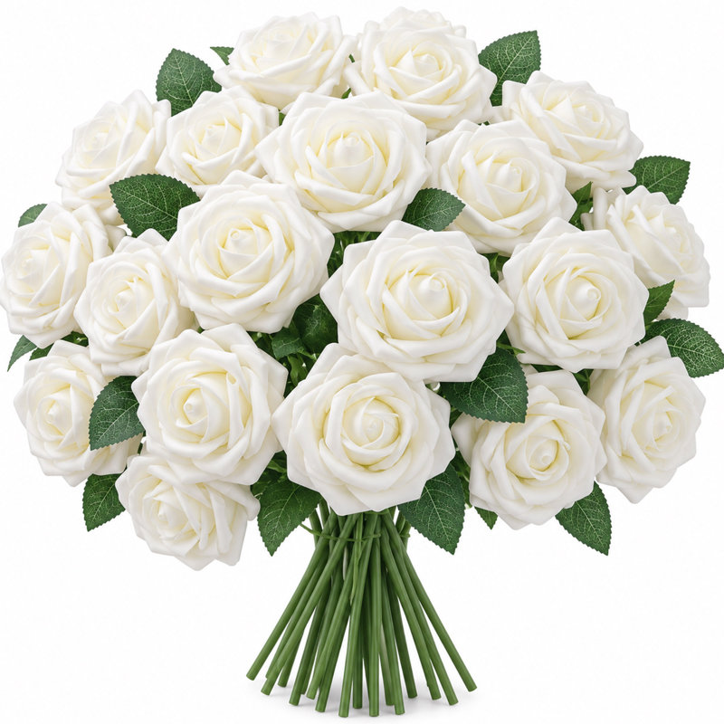 Ensemble de 25 roses artificielles en mousse ivoire avec tiges flexibles et feuillage