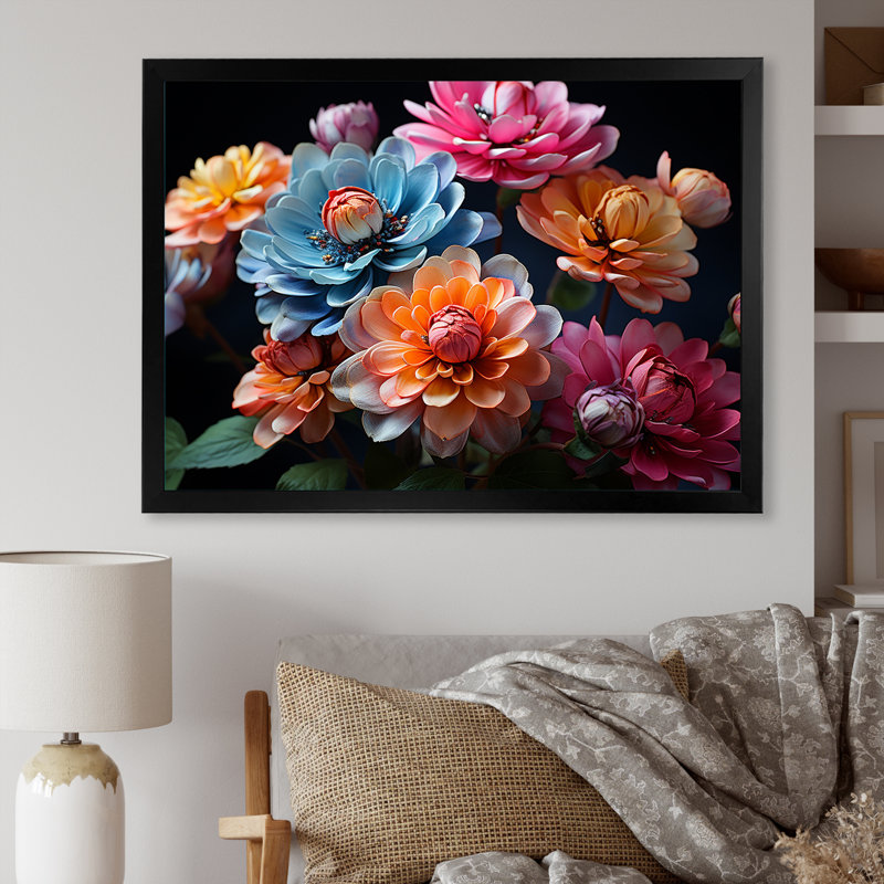Zinnias illuminée au clair de lune sur toile, H 30 po x l 40 po x P 1,5 po, Cadre simple noir