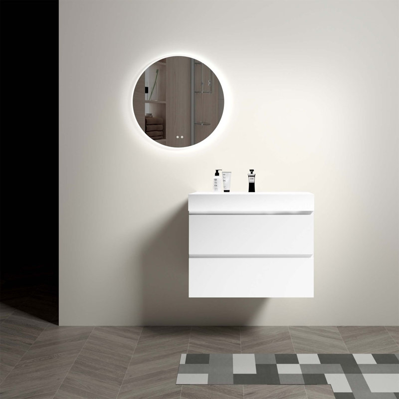 Meuble-lavabo mural flottant avec lavabo et rangement, Blanc, Blanc