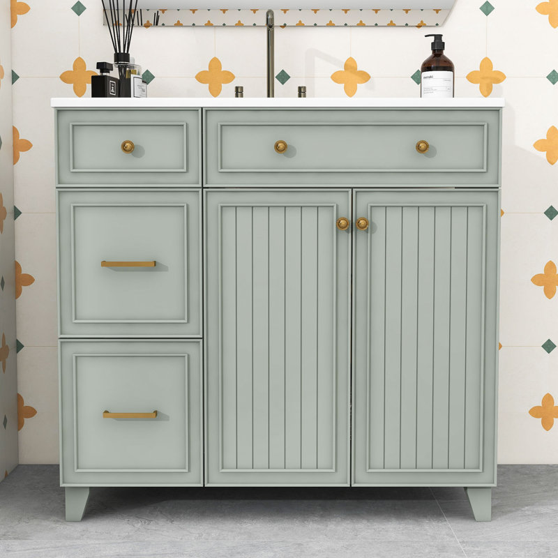 Meuble-lavabo de salle de bain avec lavabo, tiroirs de rangement et tablette, Vert