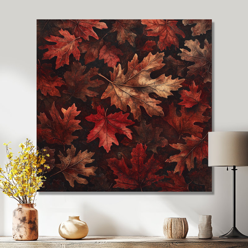 «Red Falling Maple Leaves II» - art mural en métal à grandes feuilles, H 16 po x l 16 po