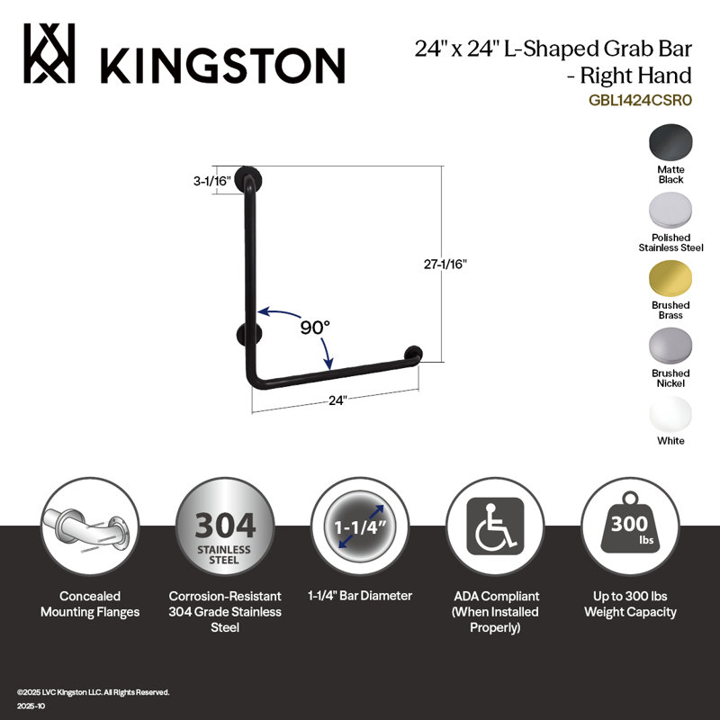 Kingston Brass Made To Match 24-Inch X 24-Inch L-Shaped Grab Bar, 1-1/4 Inch O.D, Right Hand, Brushed Brass