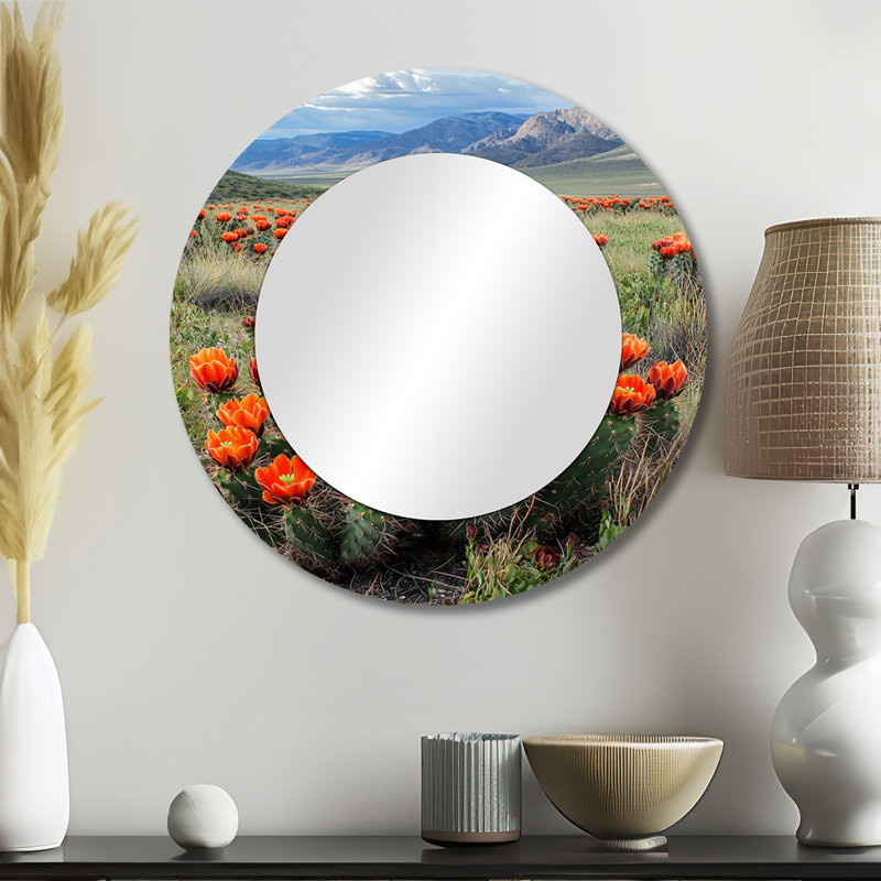 Blooming Cacti Desert At Sunset I - Miroir floral cactus pour décoration murale - imprimé sur métal, 23 po x 23 po
