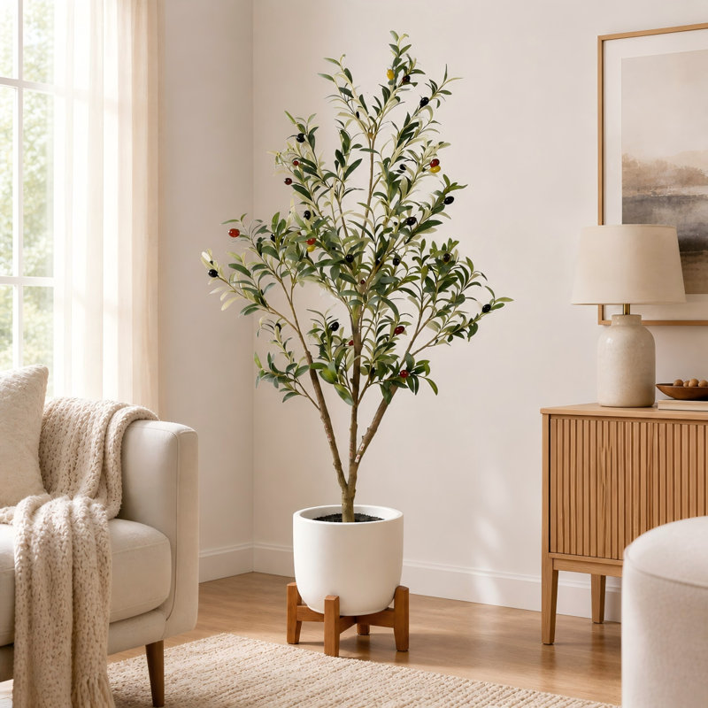 60" Artificial Olive Tree In Black Plastic Pot, 1Pc/Set