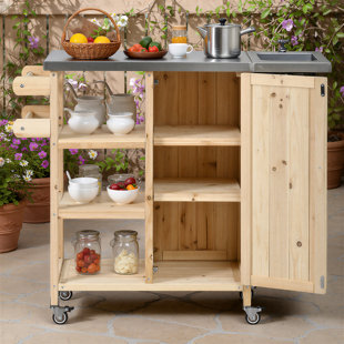 Foldable Outdoor Kitchen Island Cart with Lockable Wheels, Storage Cabinet & Towel Rack