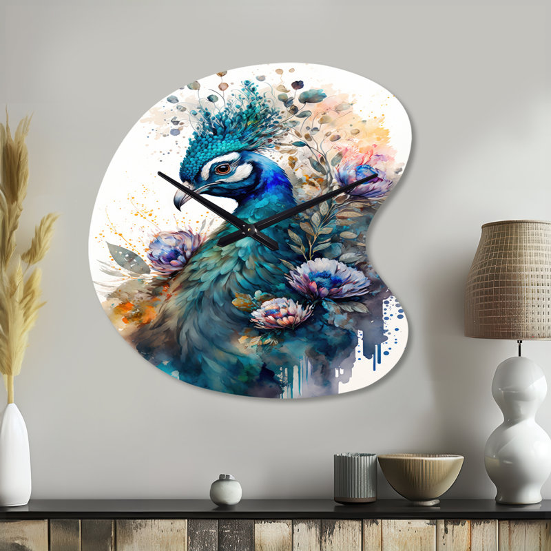 Mignon paon, art floral II - horloge murale de forme irrégulière, Grand