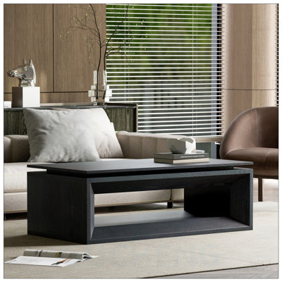 Table basse à plateau relevable rectangulaire avec rangement, panneau de fibres à densité moyenne en placage de bois moderne, plateau convertible pour salon et bureau à domicile