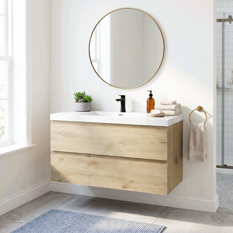 Meuble-lavabo suspendu en mélamine de bois de 35,43 po avec portes à fermeture amortie et lavabo intégré en résine, entièrement assemblé.