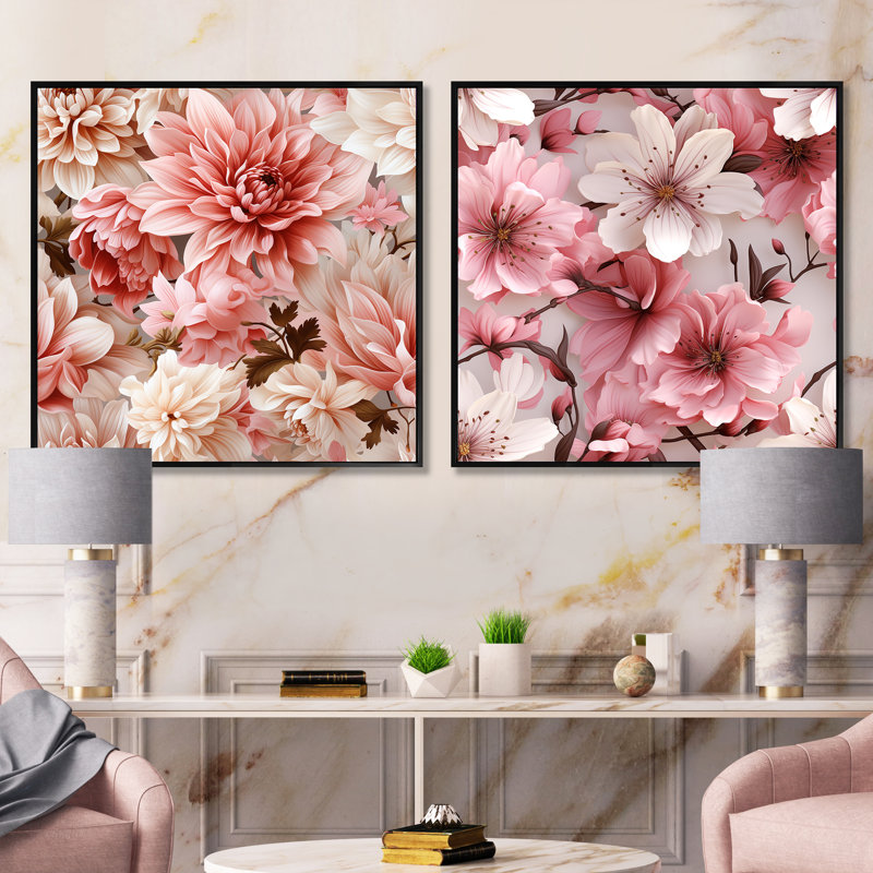 Ensemble de 2 collages carrés carrés floraux de tosha, Cadre flottant noir, H 16 po x l 33 po