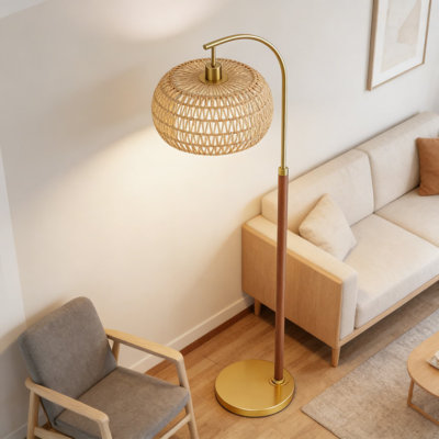 Modern Arc Floor Lamp With Remote Control - Adjustable Dimmable LED Light With 3 Color Temperatures, Rattan & Linen Shade For Living Room, Bedroom, Or Farmhouse Decor