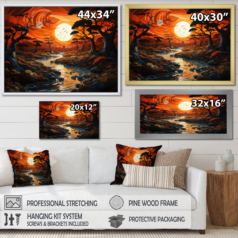 Riverforest Sunset, aura africaine sur toile, H 34 po x l 44 po, Cadre flottant noir