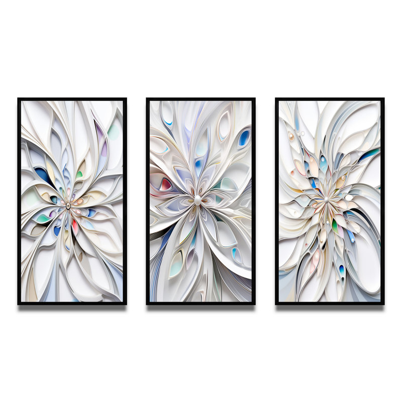 «White Cosmic Flowers», 3 pièces sur toile, Cadre flottant noir, H 28 po x l 36 po