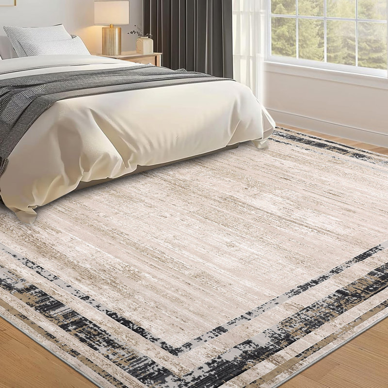 Modern Bordered Area Rugs Living Room Distressed Carpet Non Slip Low Pile Accent Rug for Dining Room Home Office Nursery