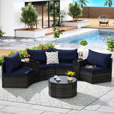 Ensemble de canapé modulaire d'extérieur demi-lune 7 pièces avec table basse ronde en verre trempé