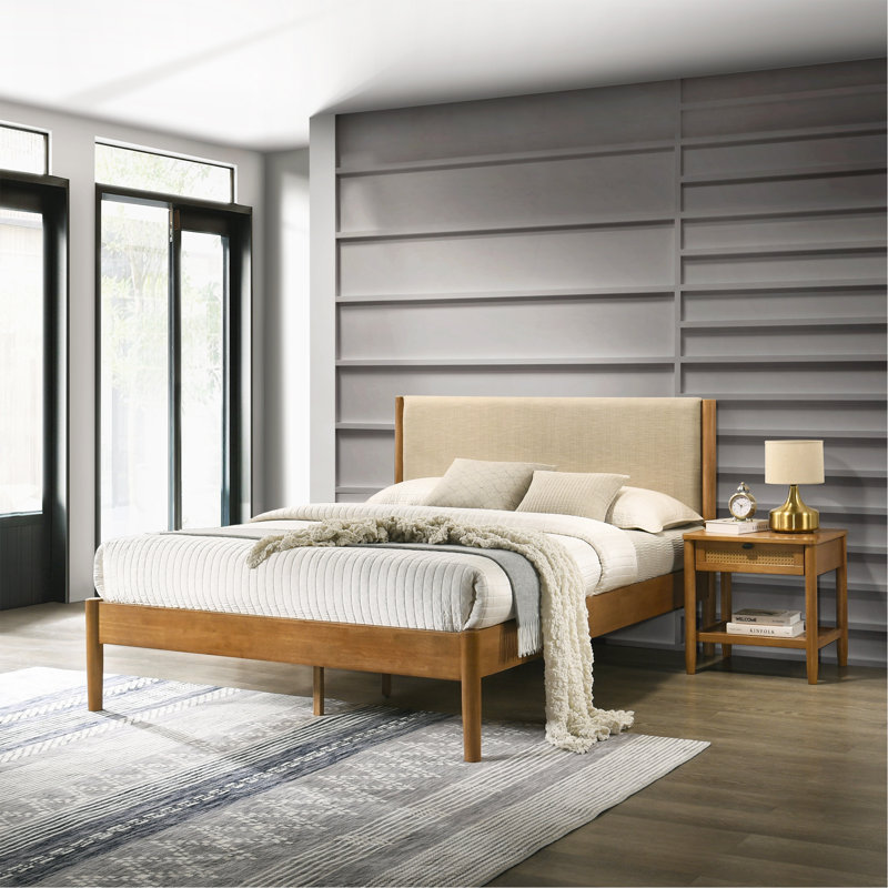 Ensemble de chambre à coucher 5 pièces avec grand lit tapissier en polyester texturé Vichy, commode, miroir, table de chevet et commode