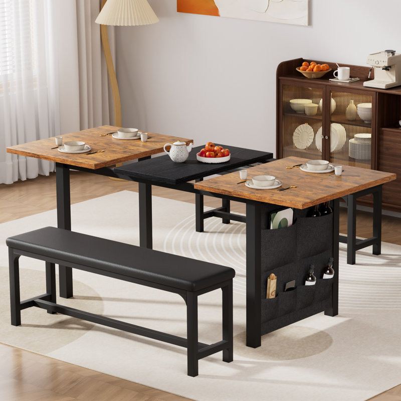 Vidala 63" Extendable Dining Table Set with Bench, Rectangular Wood Kitchen Table Set for 6-8 People, Space-Saving Expandable Dining Room Furniture, Brown