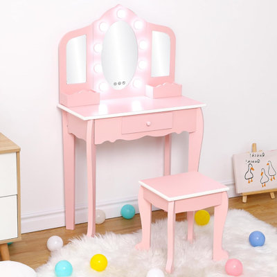 Ensemble de coiffeuse pour enfants avec tabouret, miroir à 3 panneaux et table de maquillage pour filles, ensemble de jeu pour tout-petits