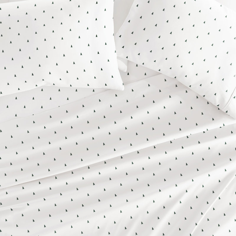 Christmas Sheet Sets - Holiday Prints, Cal King Sheet Set with 2 Pillowscases, Pinetree White