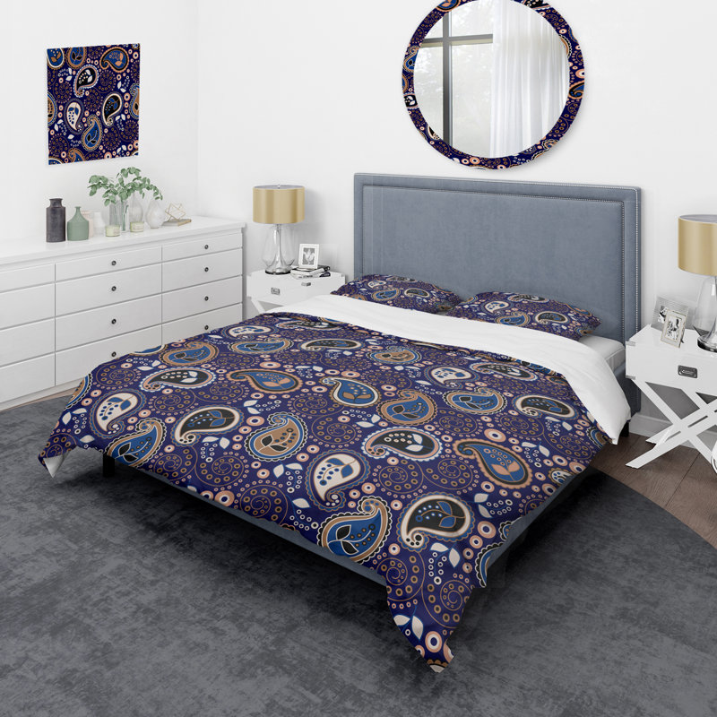 Bleu floral cachemire - ensemble de housse de couette abstrait - microfibre de polyester