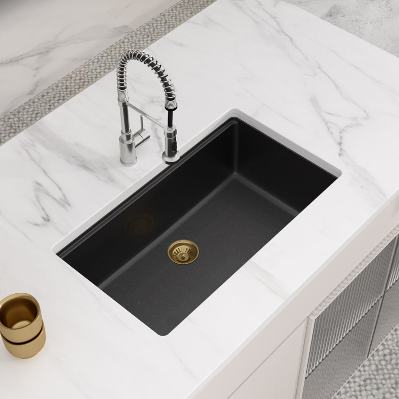 Évier de cuisine 30/33 en quartz blanc avec évier de cuisine encastré et cuve simple en composite, 33" L x 19" W, Black