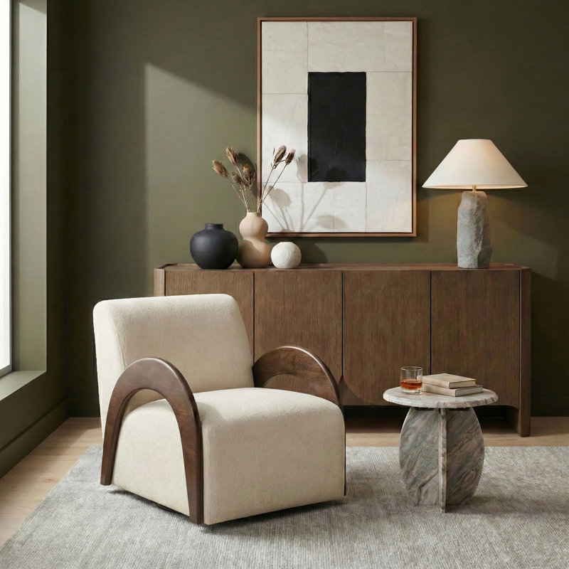 Fauteuil d'appoint pivotant en tissu chenille crème Neria, Tissu chenille crème, Brun noyer