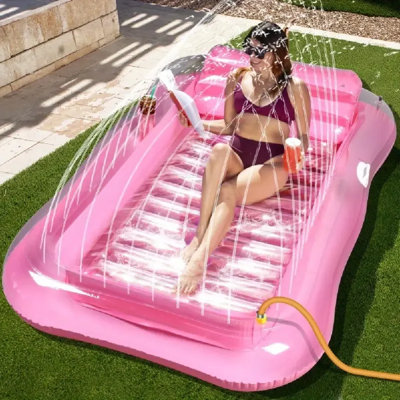 Inflatable Pool Lounger With Sprinkler - 81"X52" Adult Inflatable Tanning Pool Float, Clear Pink Sunbathing Water Lounge With Pillow & Drink Holder, Durable PVC Pool Float For Backyard, Vacation, Pool Parties, Inflatable Pool Float, Backyard Relaxation, V