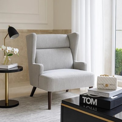 Fauteuil d'appoint Joen, dossier à oreilles haut, chenille grise, pieds en bois