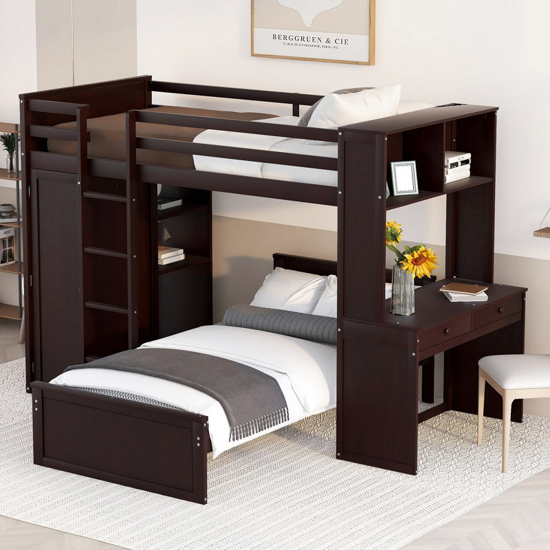 Lit mezzanine avec lit autonome, tablettes, bureau et garde-robe, Espresso, Lit simple