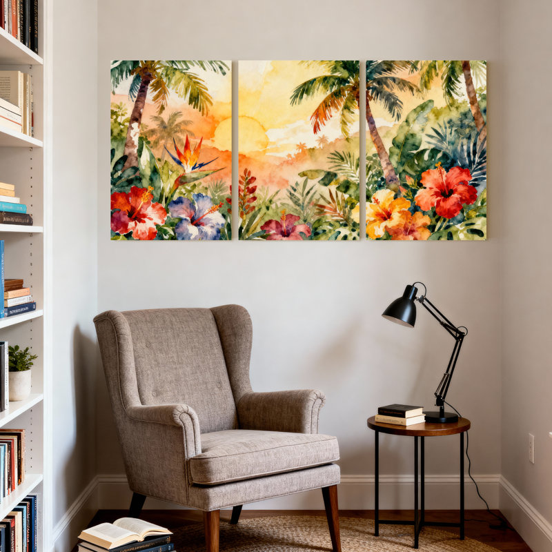 Palmiers, coucher de soleil tropical, aquarelle, ensemble de 3 impressions sur toile, H 18 po x l 36 po