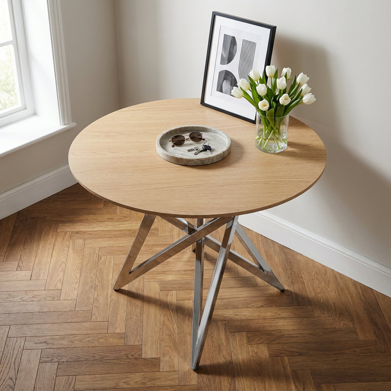 Compact Round Dining Table with Metal Legs, Cast Silver, Natural