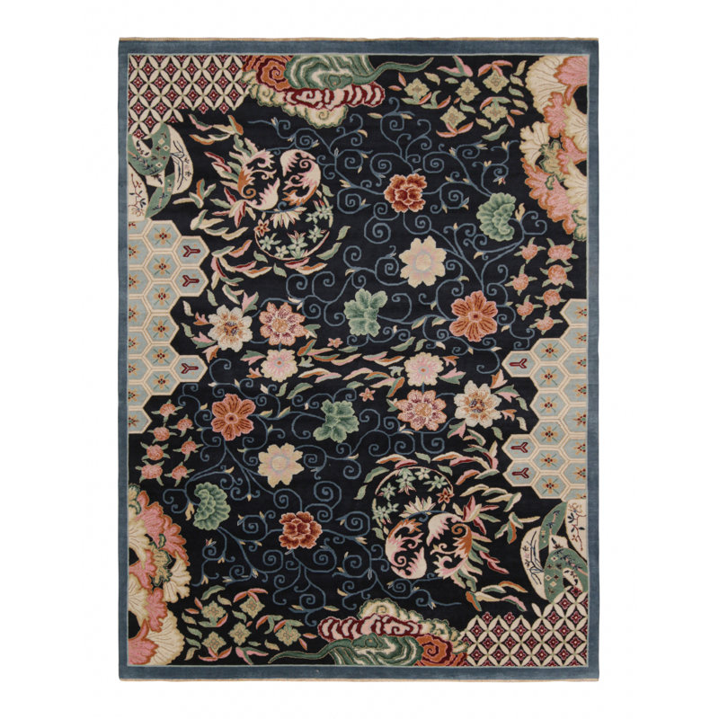 Art Deco Hand Knotted Wool Floral Area Rug, Rectangle 8' x 10'