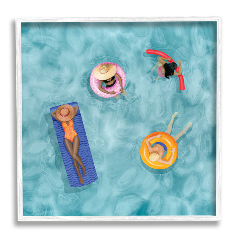 Groupe de personnes se prélassant dans des jouets de piscine d'eau - Peinture, H 17 po x l 17 po x l 1,5 po