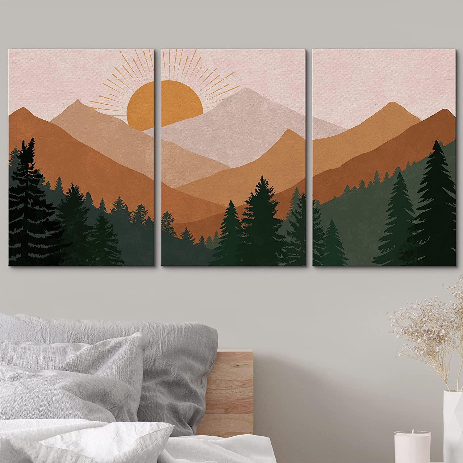 IDEA4WALL Sun Mountain Landscape - 3 Piece Art Set - 36x72 wrapped | Wayfair