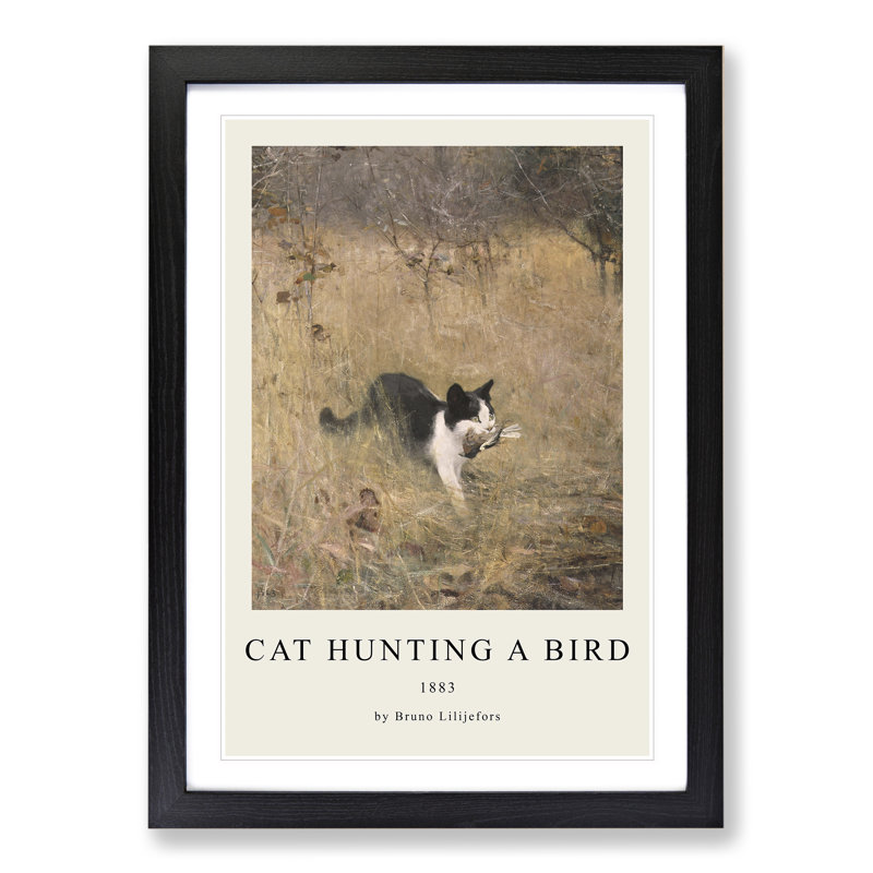 Cat with a Bird by Bruno Liljefors - Picture Frame Art Prints, 48cm H x 36cm W x 2cm D, Black