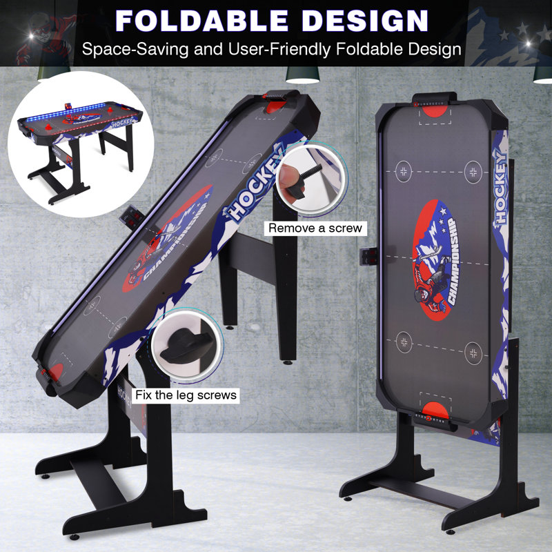 Table de hockey sur coussin gonflable 57 po à DEL avec pointage électronique précis, interrupteur d'alimentation en ligne, moteur puissant, 2 rondelles et 2 poussoirs