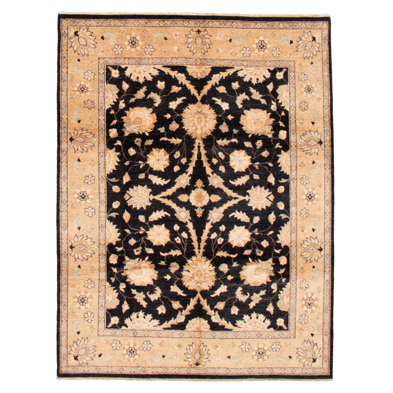 Tapis noir en laine noué à la main de conception unique 8 pi x 10 pi New Age Peshawar