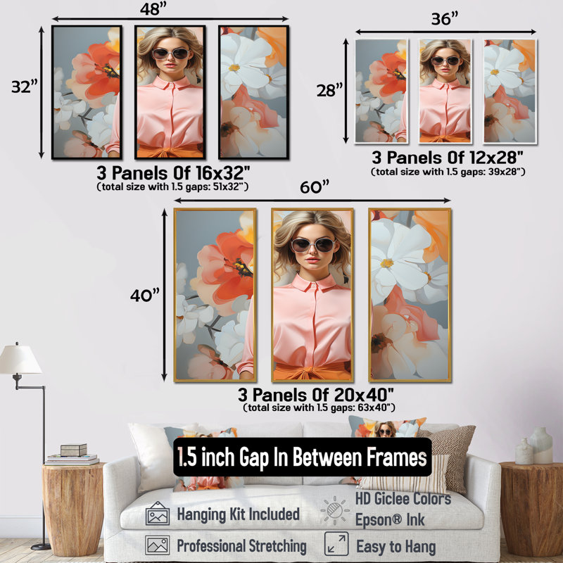 Rétro floral Mid Century Woman Elegance II - mode femme, art mural, Cadre flottant doré, H 40 po x l 61 po